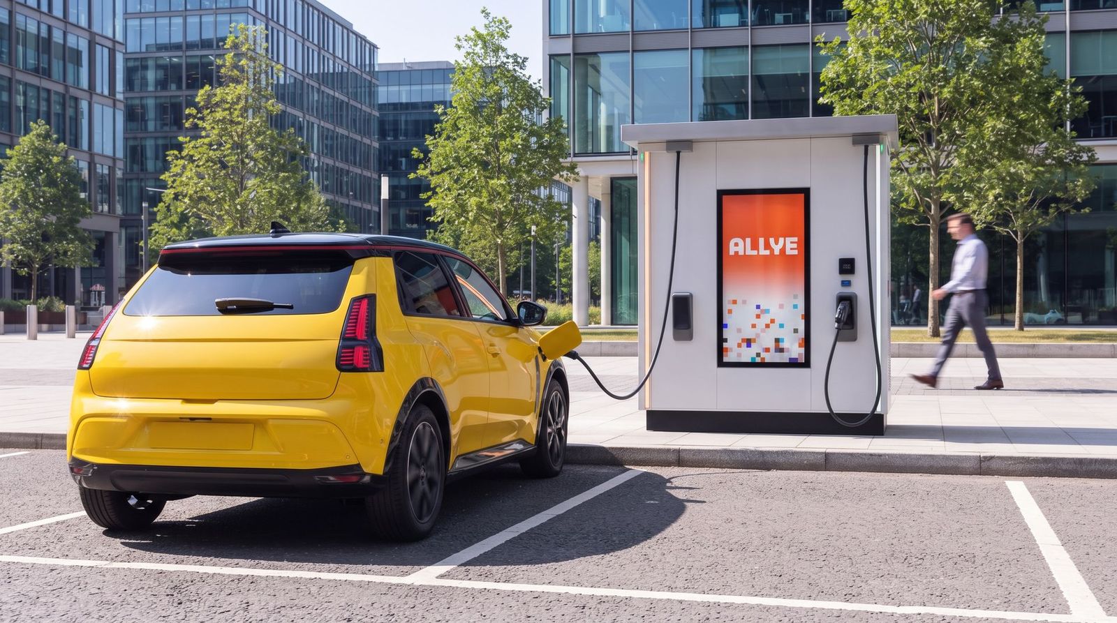An Allye MEV charging a pool car outside an office building