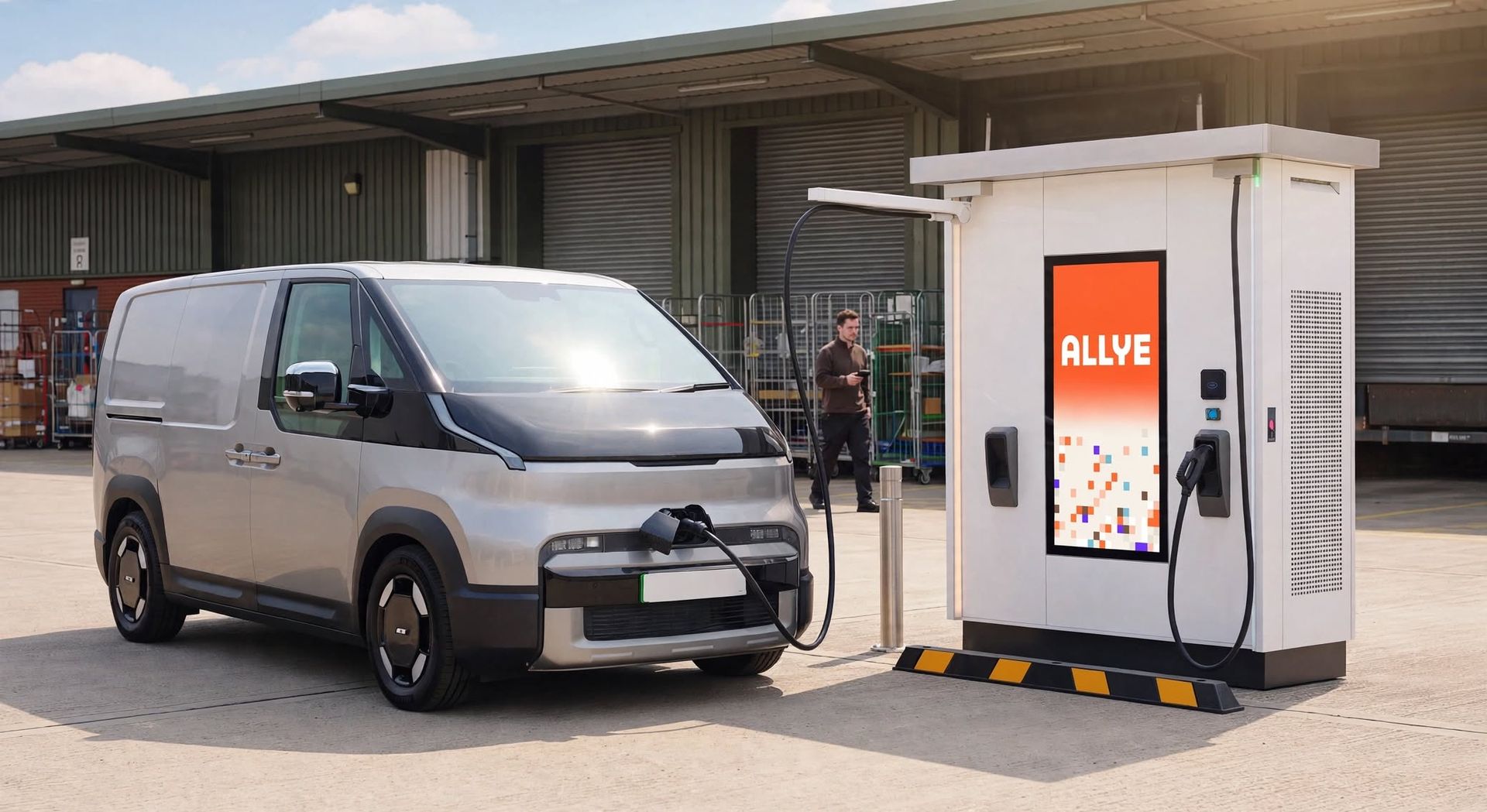 An Allye MEV charging an electric van at a distribution centre