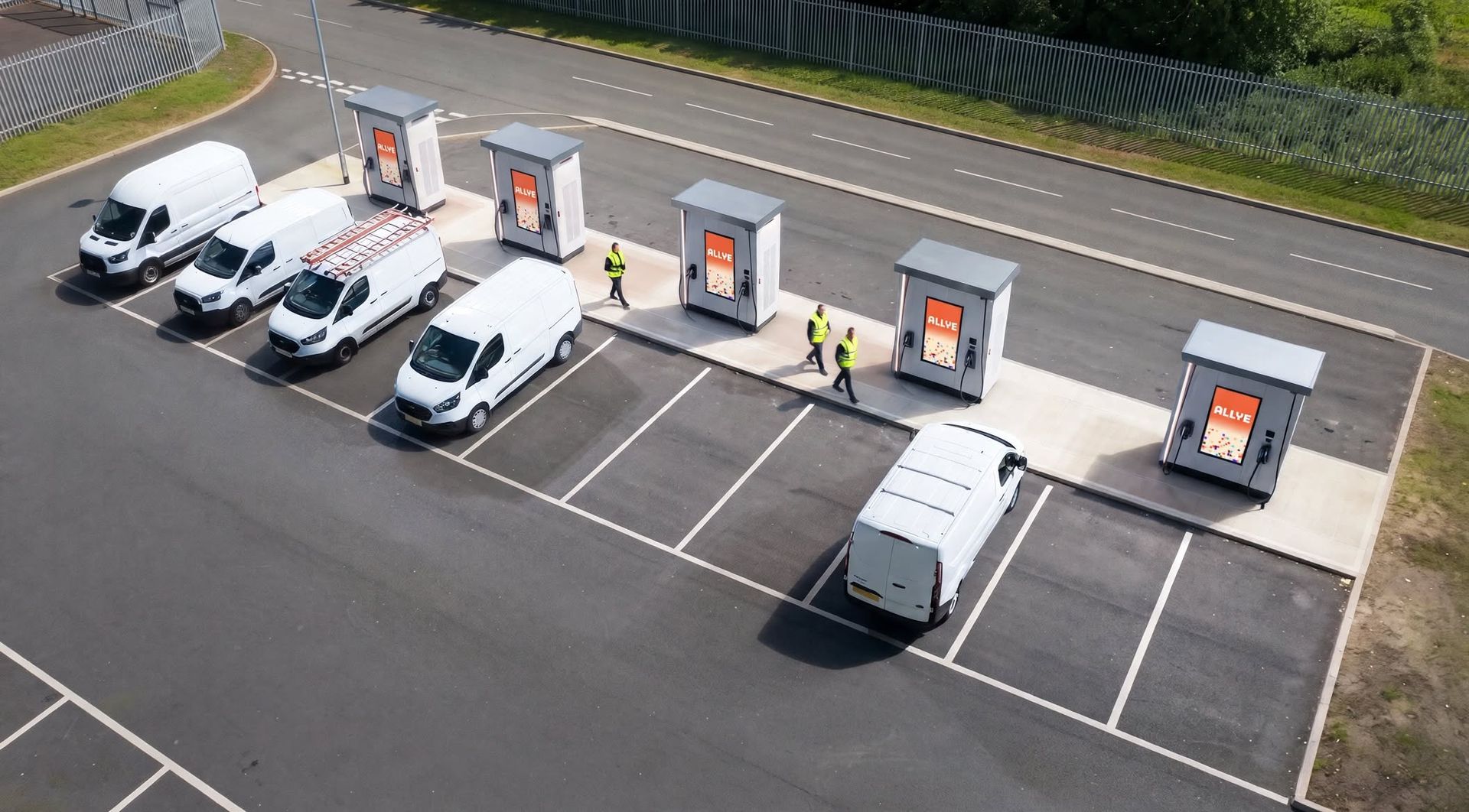 Aerial view of Allye MEV chargers between parking spaces in a van depot