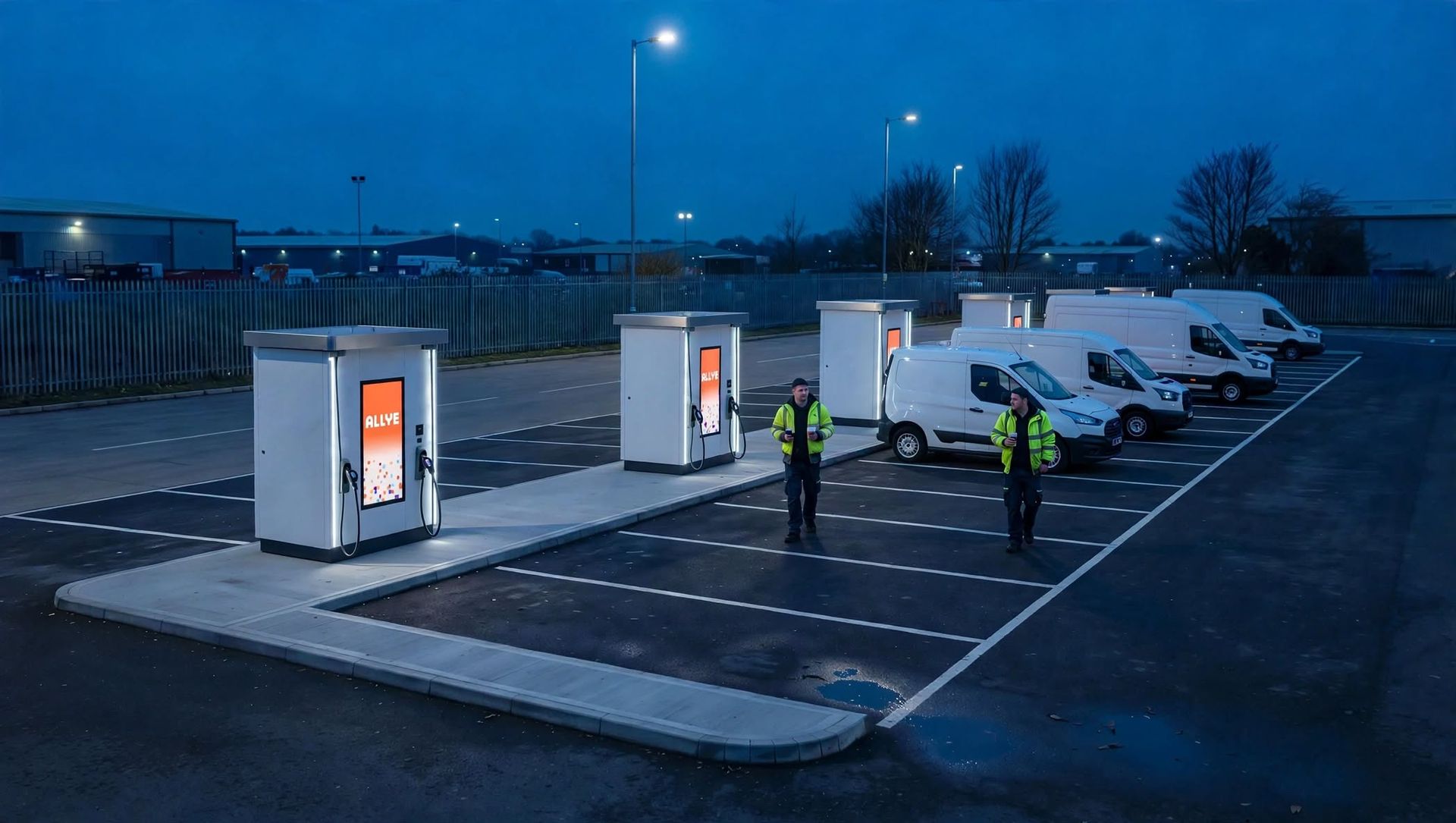 Allye MEV chargers in a depot at dusk