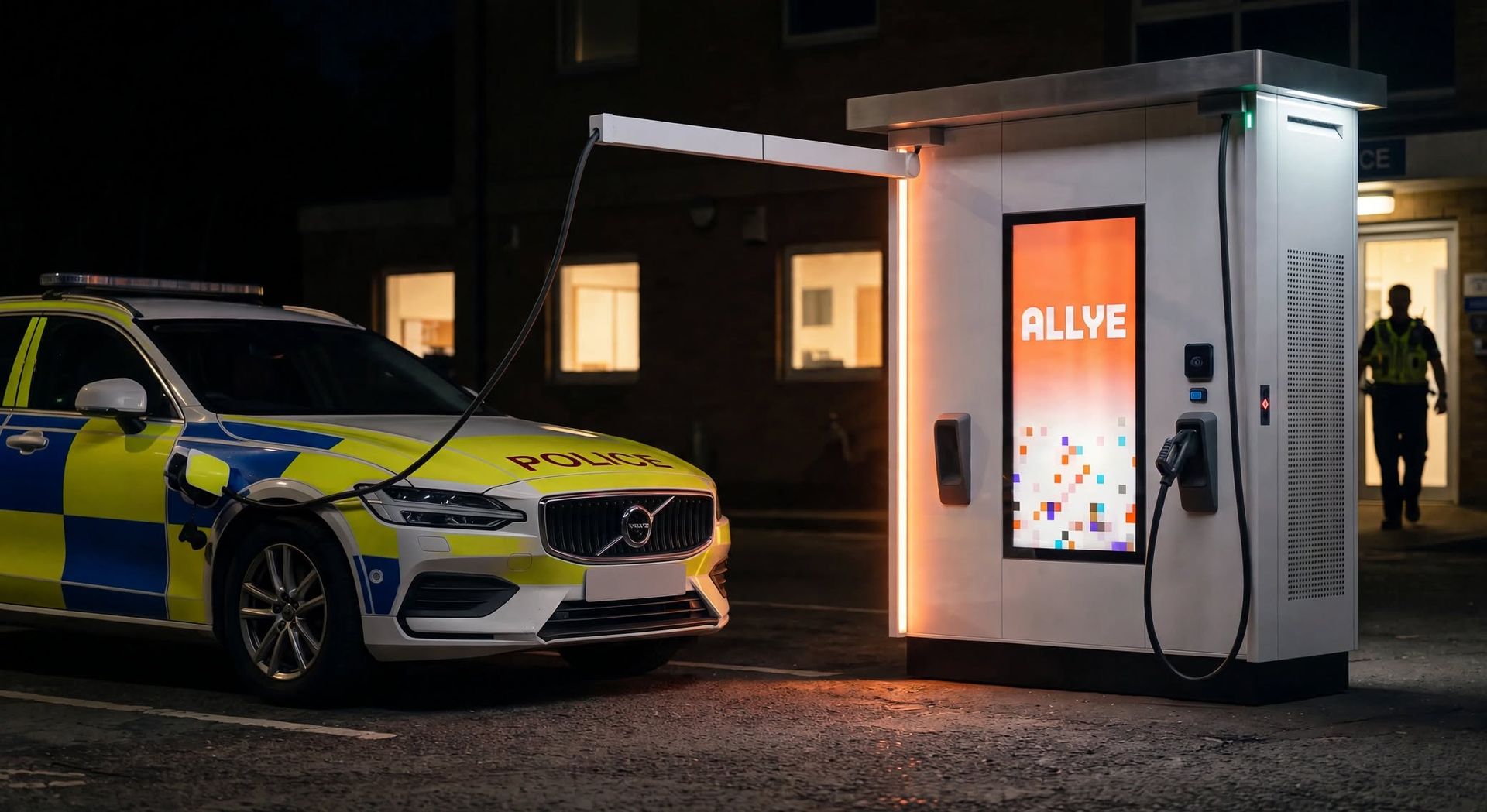 An Allye MEV charging a police response car at night