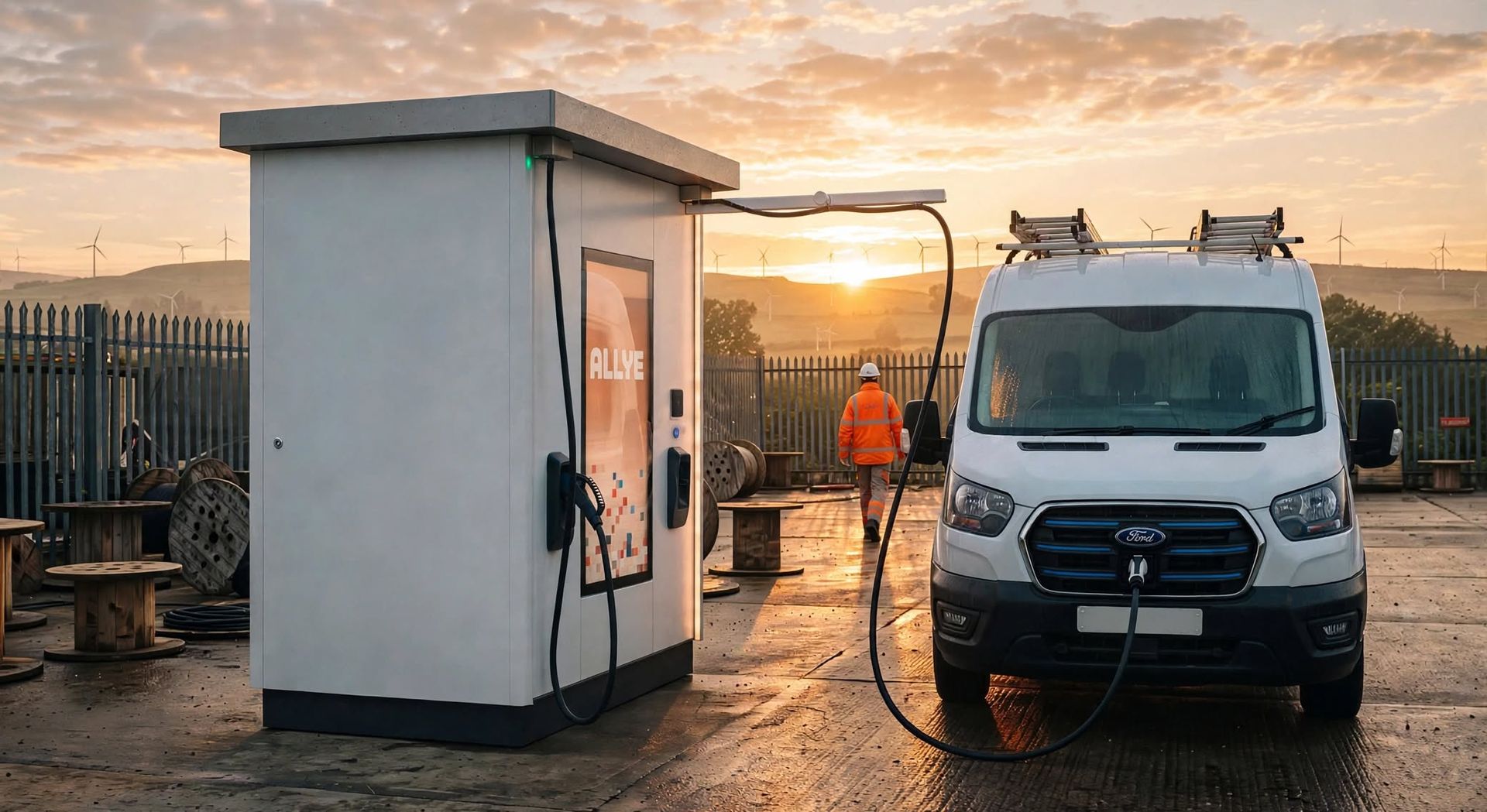 An Allye MEV charging a service van at a remote yard
