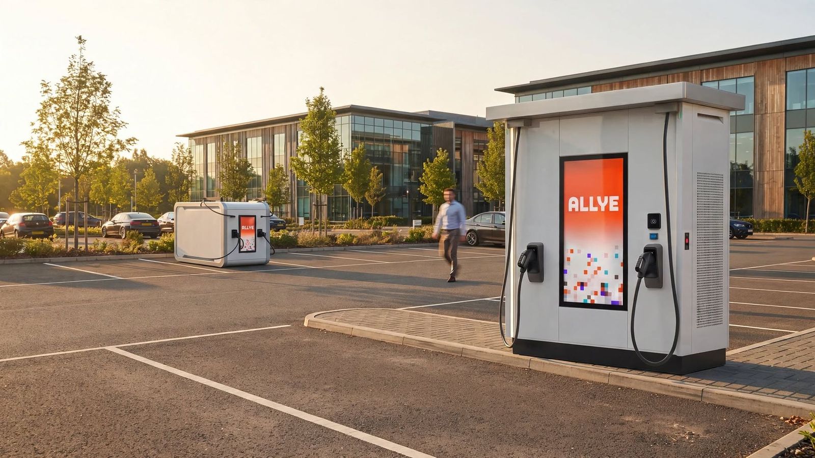 An Allye MEV charging cars at a business park