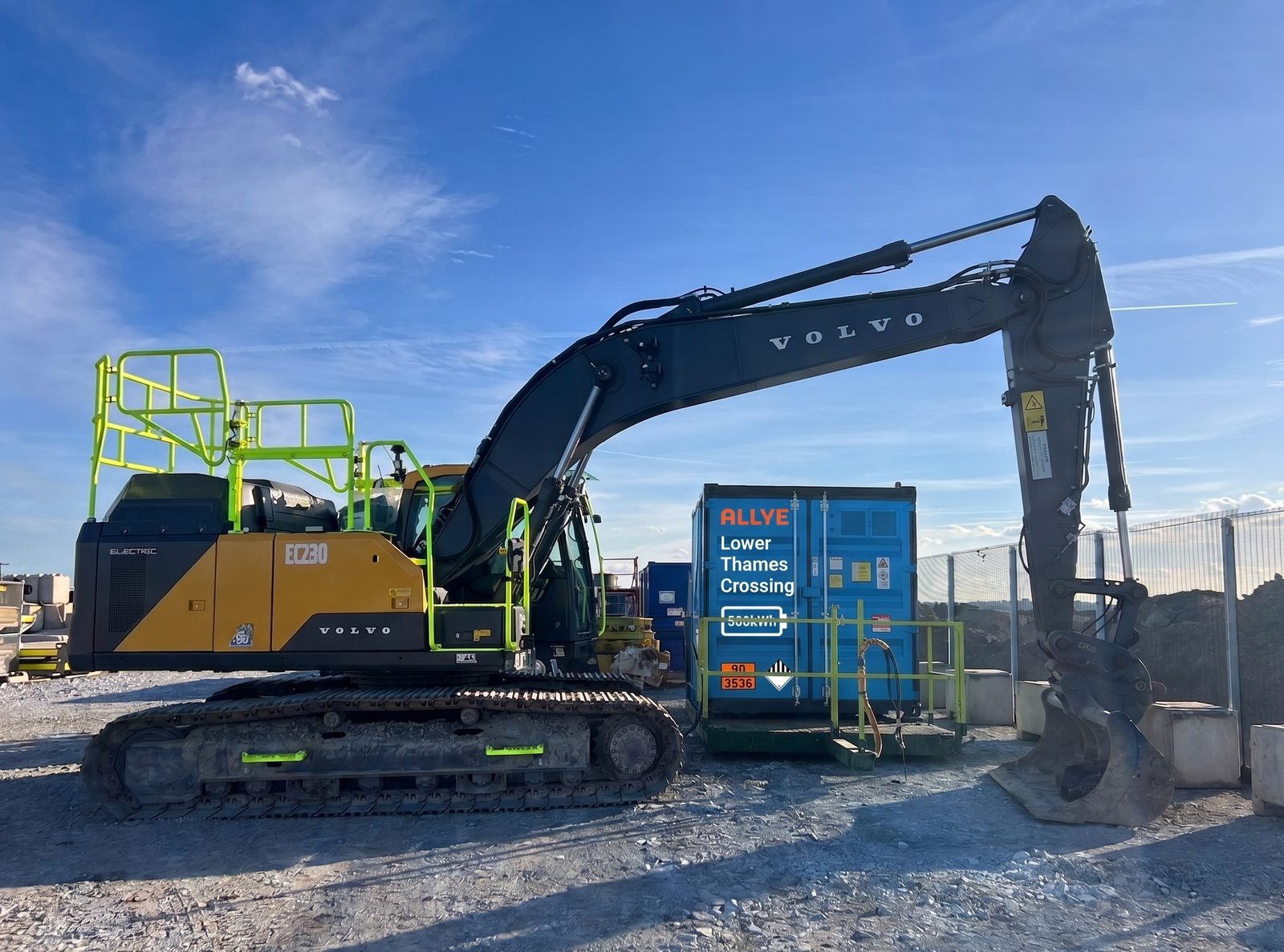 Volvo EC230 Electric beside an Allye MAX500 on the Lower Thames Crossing